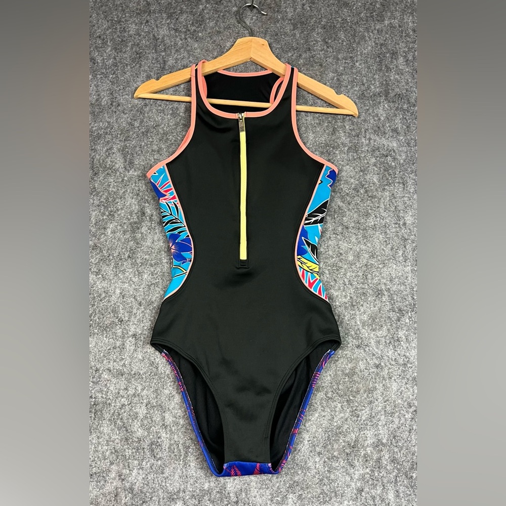 Roxy Black One-Piece Swimsuit with Blue and Pink Trim Size L